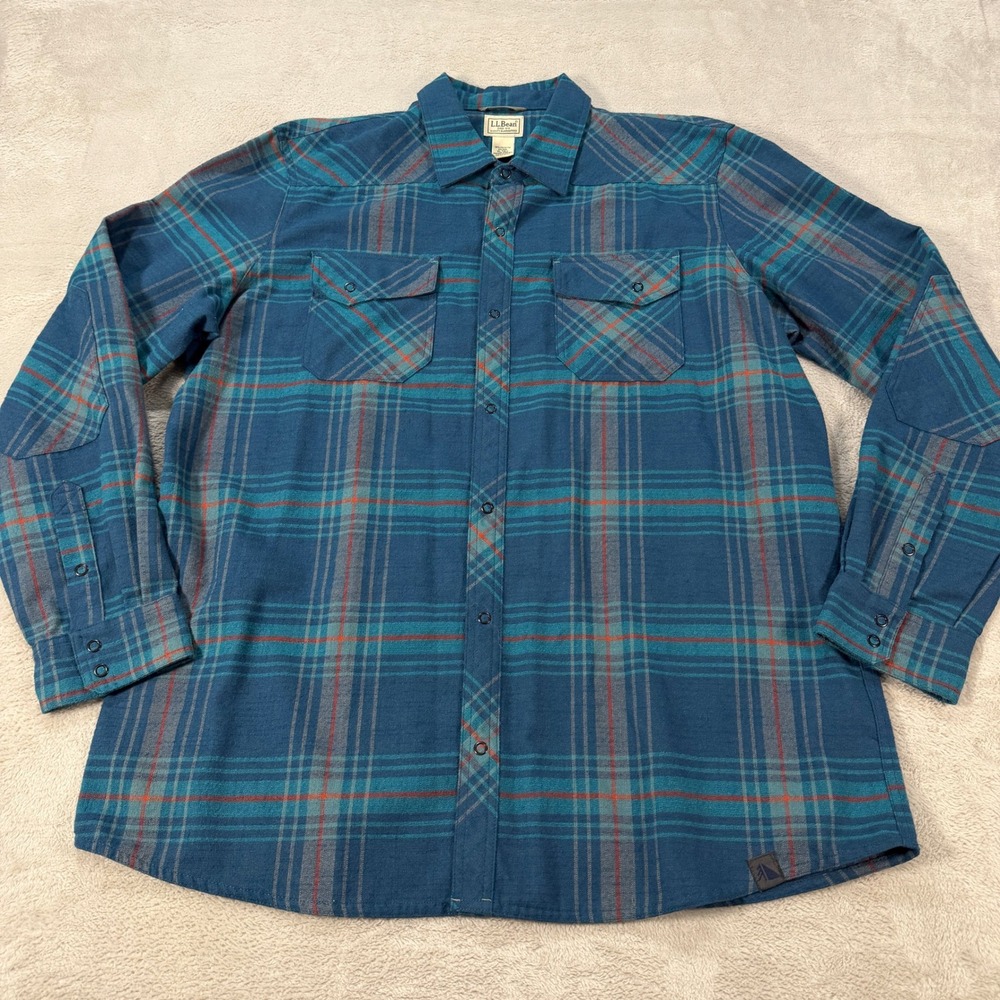 LL Bean Mens XL Tall Blue Plaid Wool Blend Western Snap Flannel Shirt 298103